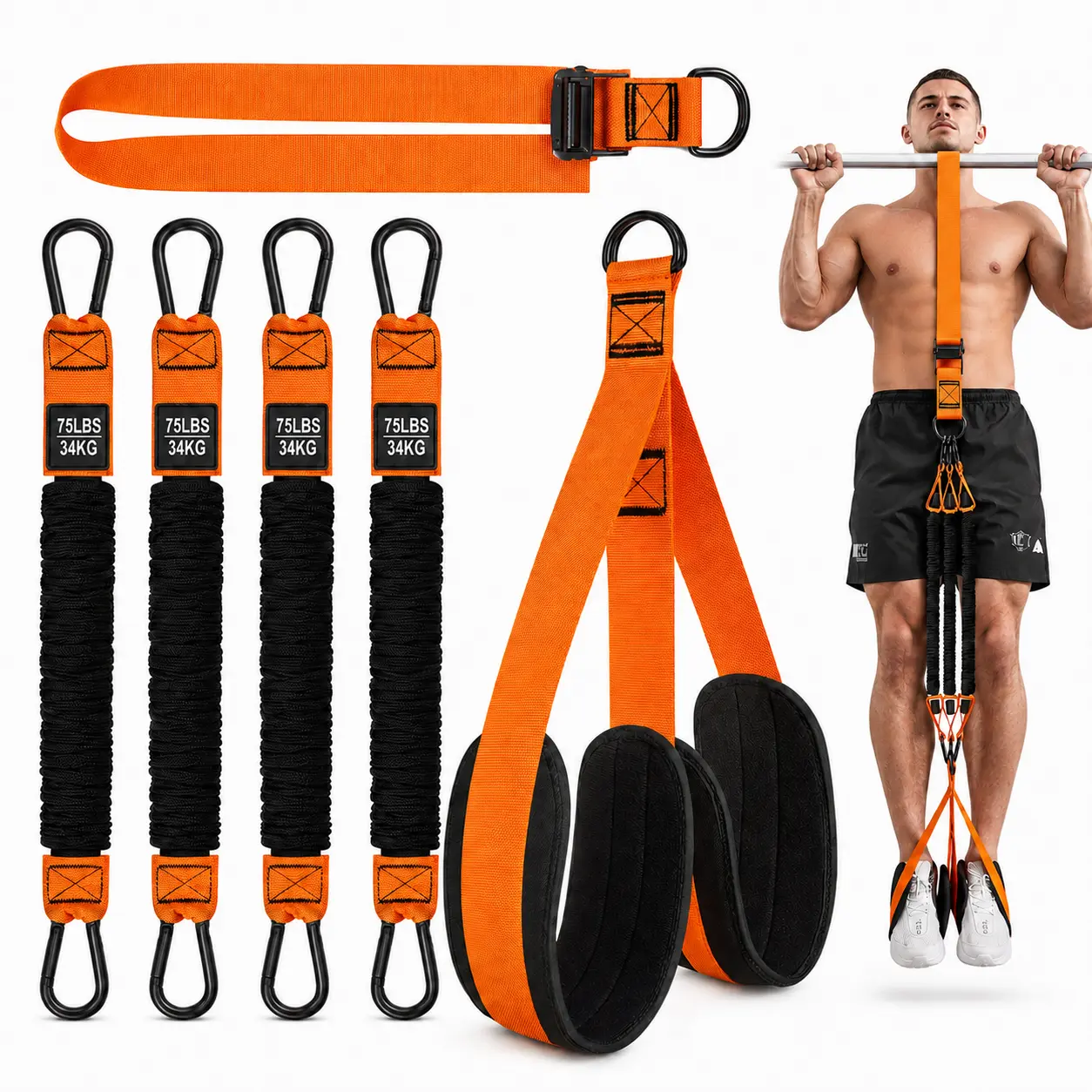 Advanced Pull Up Assist Bands Set, Heavy-Duty 4 x 75 lb Resistance, Adjustable Straps, Custom Height & Wide Footplate Calisthenics Tools for Home Gym Calisthenics, Home Gym Kit, Workout Straps