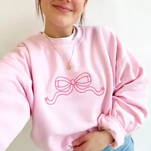 Embroidered Pink Bow Sweatshirt, Cute Bow Embroidered Sweatshirt, Embroidered Bow Tee Shirt, Ribbon Coquette Style Sweater, Gift For Her
