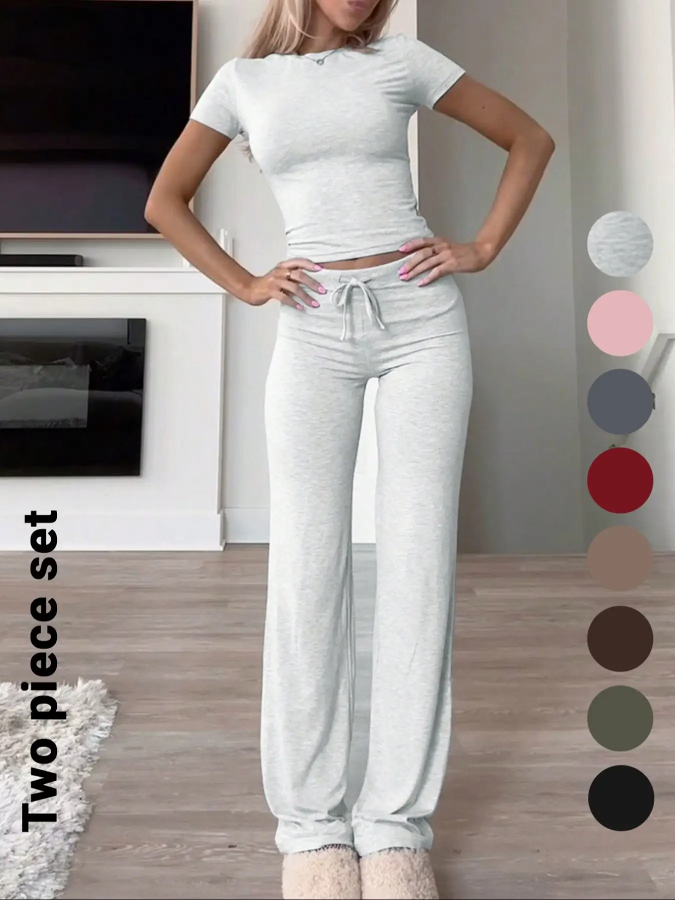 Women's Solid Short Sleeve Two-piece Set, Casual Round Neck Crop Tee & Drawstring High Waist Trousers for Daily Wear, Ladies Summer Clothes