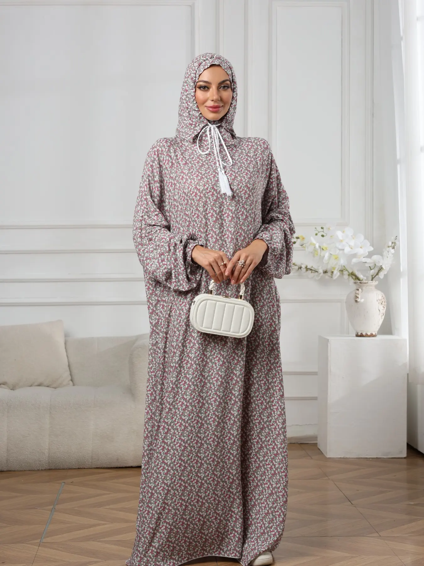 Middle Eastern Women's High-End Elegant Hooded Drawstring Prayer Robe, Islamic Modesty Muslim Clothing, Long Loose Comfortable Printed Dress, All Seasons