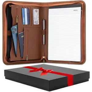 Professional Faux Leather Travel Padfolio Binder Organizer Pouch for Tablet, Documents, Presentation Folders, Zipper Closure with Notepad - Brown