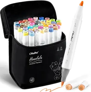 Ohuhu Alcohol Markers: Brush & Chisel / Fine - 48 Mid-tone Colors - AP Certificated Double Tipped Alcohol Based Art Marker Set for Artist Adults Coloring Illustration - Refillable - Honolulu & B Series of Ohuhu