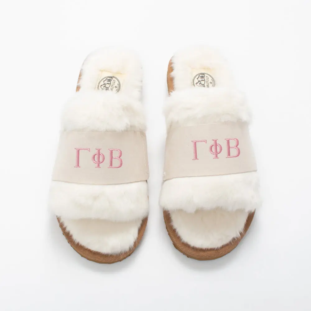 Gamma Phi Beta Fuzzy Slippers | Ivory