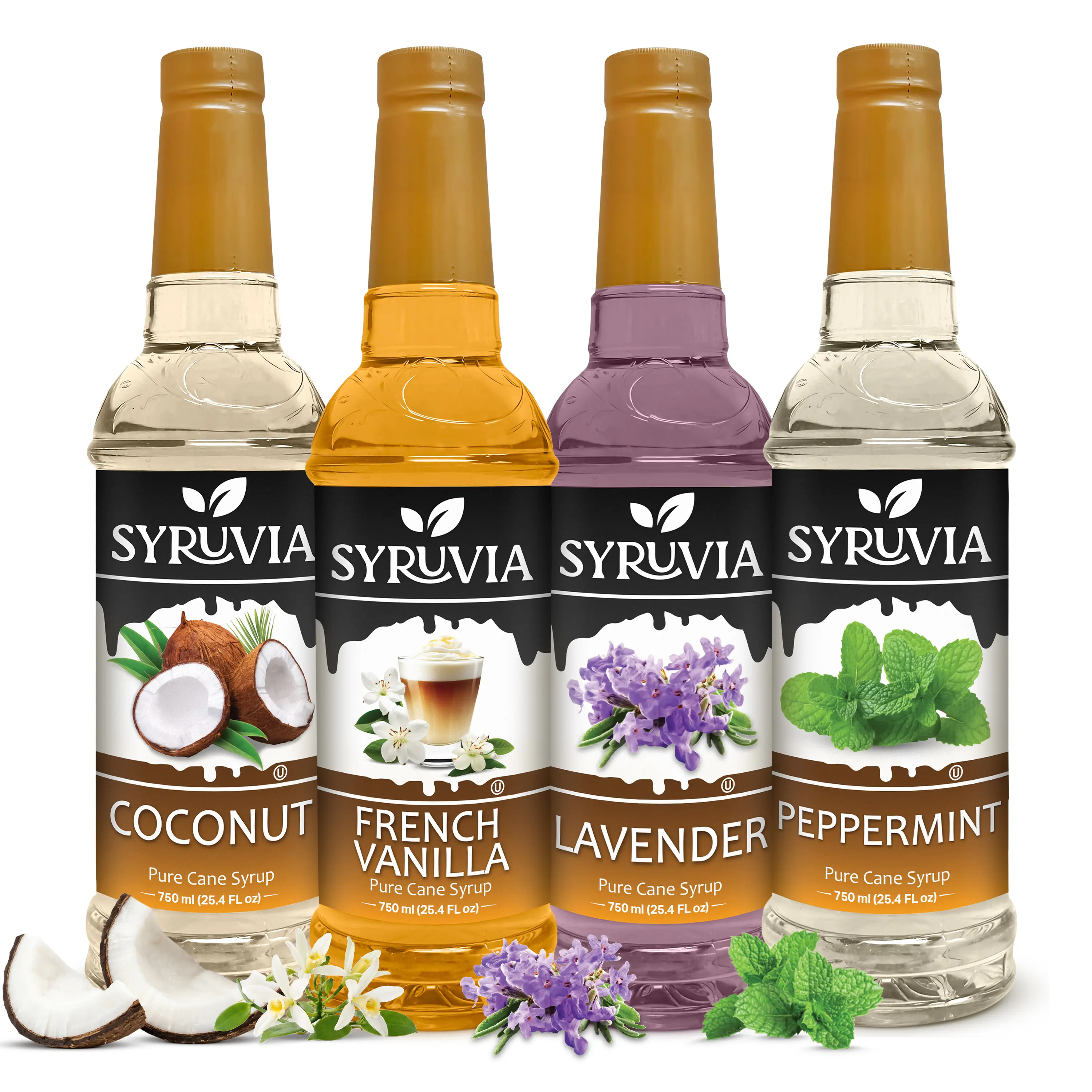Syruvia Smooth Coffee Syrup Variety Pack – Coconut, French Vanilla, Lavender & Peppermint Flavored Syrup – Perfect for Coffee, Lattes, Desserts & More – 25.4 Fl oz Bottles (4 Pack)