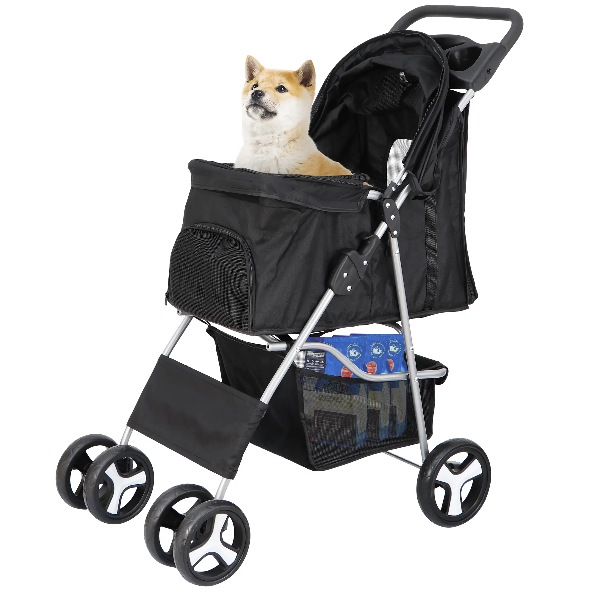 Zeny Foldable 4-Wheeled Pet Stroller - Fabric & Metal Animal Carrier Cart for Cats, Dogs, with Storage Basket, Mesh Windows, Shock Absorbers, Easy-Clean Stable Black Travel Accessory