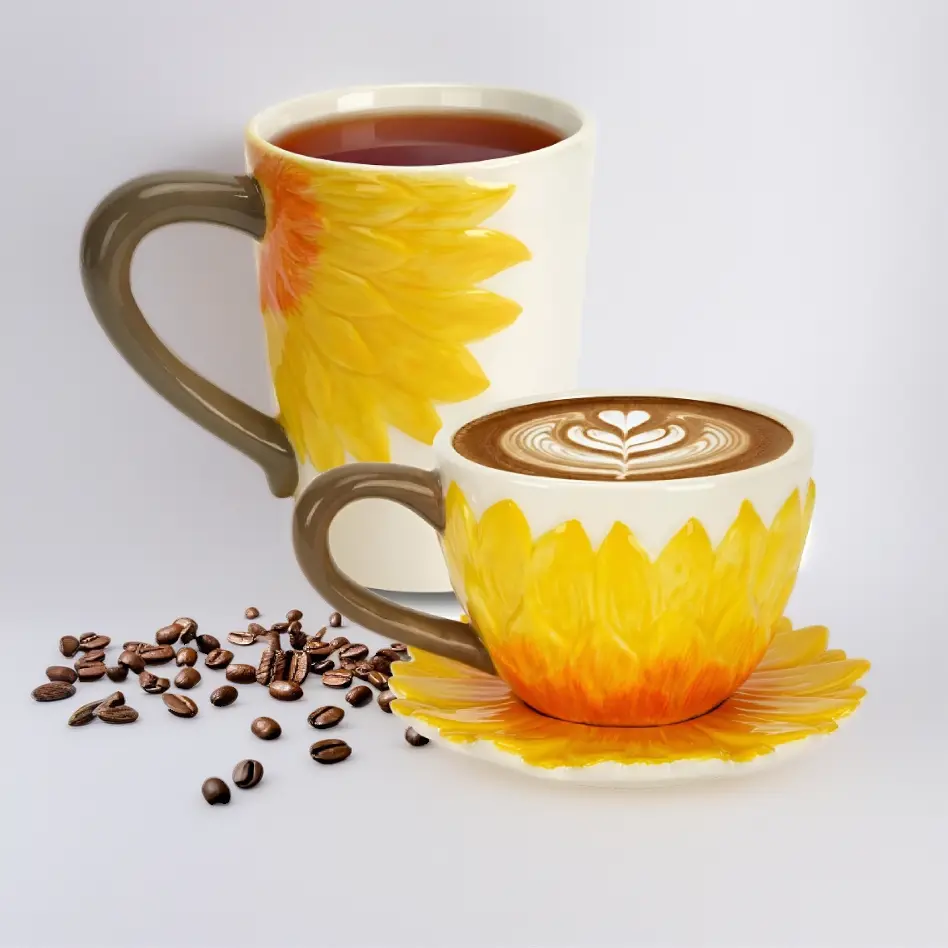 Coffee Mug Set of 2 for Men and Women - Ceramic Sunflower Couple Mugs with 15 oz Tea Mug 9 oz Wide Cappuccino Cup and Saucer 3D Novelty for Birthday or Christmas Gifts