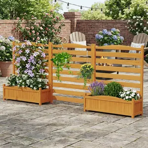 3-Panel Fir Wood Air Conditioner Fence with Planter Box, Freestanding Privacy Screen in Yellow, Slatted Outdoor Enclosure & Raised Garden Beds for Patio, Yard or Balcony