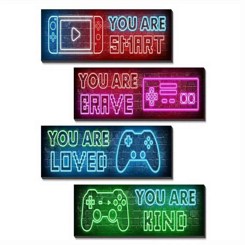 Gaming Themed Wall Decor, 4 Counts/set Neon Gaming Art Print, Game Plaque Wall Art Decorations, Perfect Gift for Room Decoration, Modern Home Decor, Wood Wall Art
