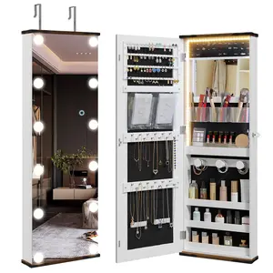Vlsrka Jewelry Cabinet with LED Light Bulbs, Lockable Over the Door Jewelry Organizer with Mirror, Hanging Jewelry Armoire with Full Length Mirror for Girls/Women