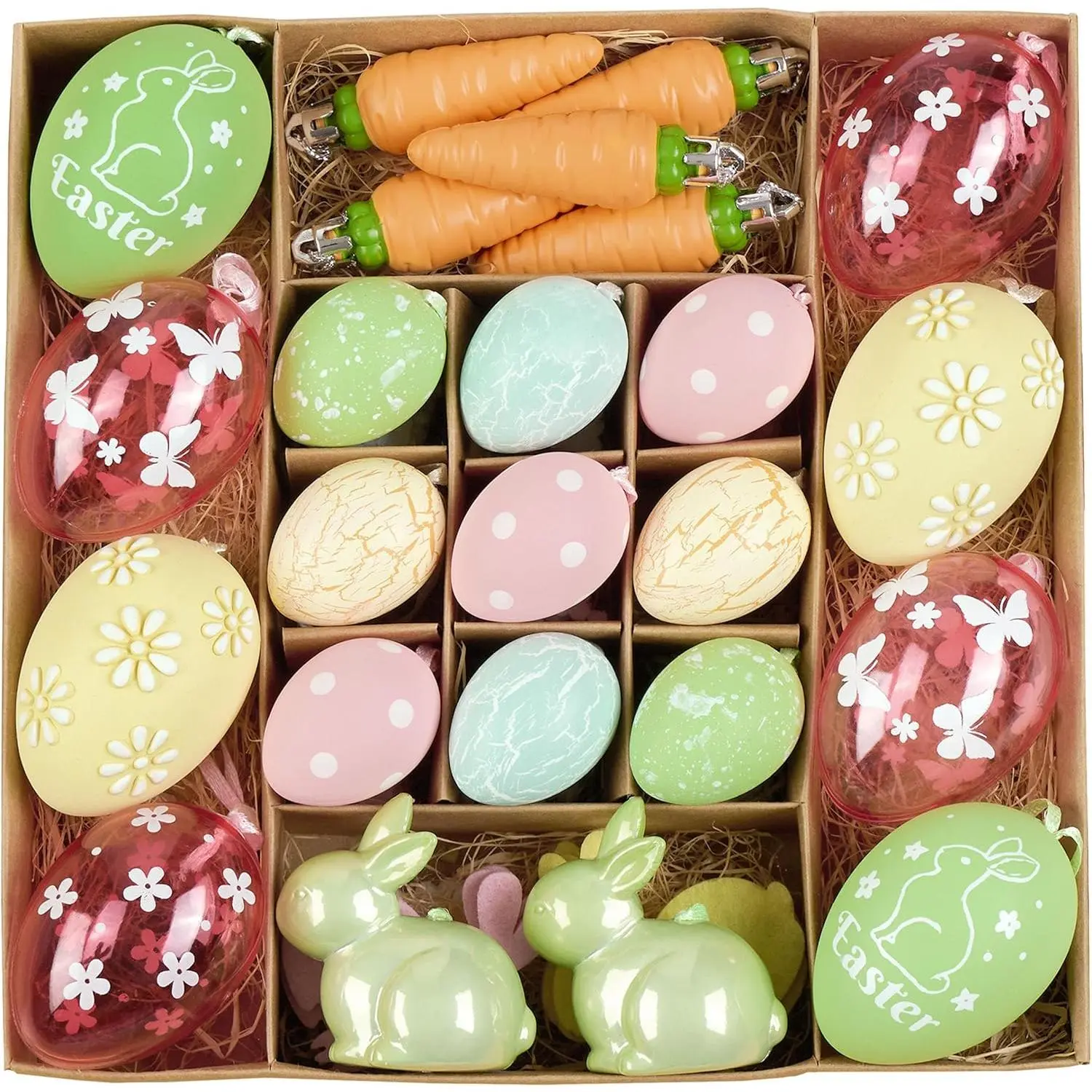 DecorbyHannah Easter Eggs Decorations  30ct Small Tree Ornaments for Basket Shatterproof Plastic Colorful Pastel Decor with Bunny Rabbit and Carrot Home Party Outdoor Garden