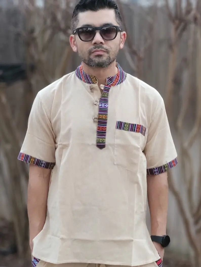 Unisex Plain Handmade Nepalese 100% Cotton with border gheri Organic Top/Kurta RN