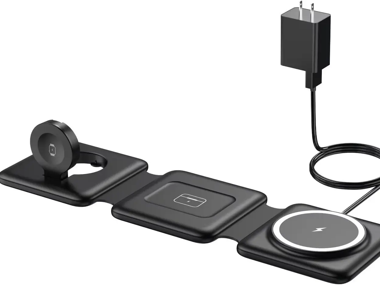 Charging Station for Apple Multiple Devices - 3 in 1 Foldable Magnetic Wireless Charger Dock -Travel Charging Pad for iPhone 15 14 13 12 Pro Max Plus Watch & Airpods