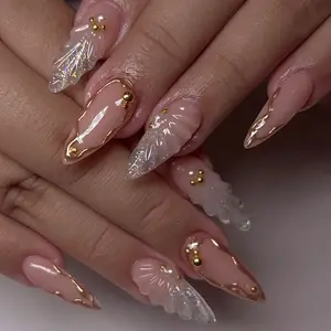 24pcs Almond Shape False Nails, Medium Length, 3D Rhinestone Design, Single Item Pack