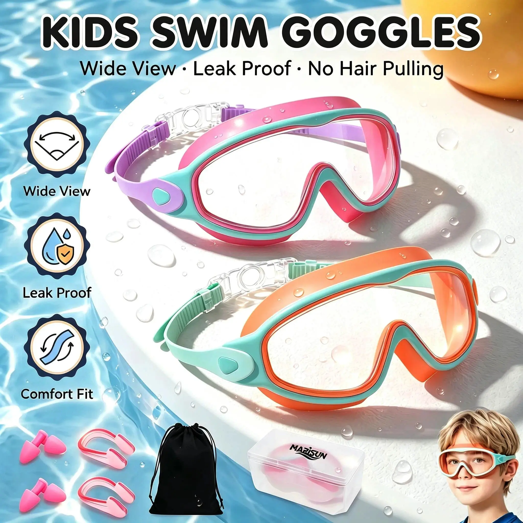 MARISUN 2 Pack Kids Swim Goggles for 3-15+ UV Protection Anti-Fog High Definition Waterproof Adjustable Goggles for Boys and Girls - Safety anti-uv swimming goggles swim glass anti-fog with Earplugs & Nose Clip,for Lake,Beach, Summer Party
