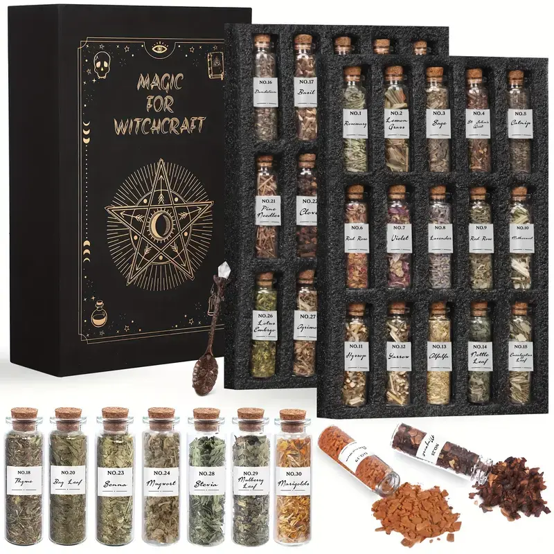 Authentic 30-Piece WitchTok Herb Kit | Premium Glass Vial Collection, Crystal Ritual Spoon & Black Gift Box for Wiccan Altar Practice