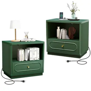 Giratree 23.62" Fluted Nightstand with Charging Station Set of 2, Modern Wood Nightstand with Drawer Storage, Night Stand Bedside Table with Type-C and USB Ports, Storage End Table for Living Room, Bedroom