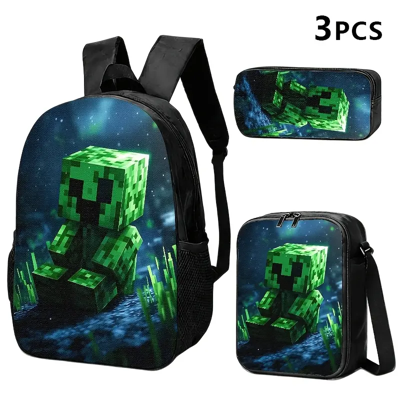 Durable Water Resistant 3-Piece Backpack Set for Kids, Lightweight School Bag with Lunch Box, Featuring Sitting Green Pixel Creeper Full-Print, Glowing Misty Night Grass & Deep Dark Starry Background for Sandbox Game Fans Daily School & Outdoor Use