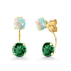 14K Yellow Gold Green Nano Emerald and White Opal Dual Drop 2 Stone Round Earrings for Women (2.54 Cttw, Gemstone Birthstone, Round 6MM and 5MM)