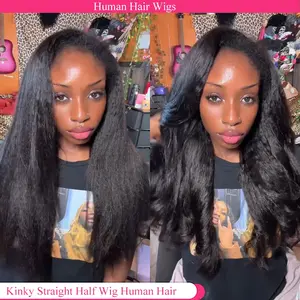 [3 IN 1 Half Wig] Kinky Straight Half Wig Human Hair Ready To Wear Glueless Wig 3 IN 1 Half Wig With Drawstring Seamless Clip Ins Flip Over Yaki Glueless Half Wig For Women
