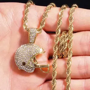 Icy Football Helmet Pendant With Twist Chain Gold Tone Encrusted Sports Fan Necklace