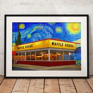[2D Flat] One Piece of Vibrant Starry Sky Canvas Art Featuring a Warmly Lit Waffle House Scene, Perfect for Decorating Your Living Room Or As a Festive Gift, Unframed. Elegant Ambiance