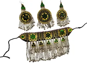 Green Afghani Tribal Jewelry Set for Women – Handmade Kuchi Choker Necklace with Earrings – Boho Festival Ethnic Jewelry – 300g – Adjustable Fit