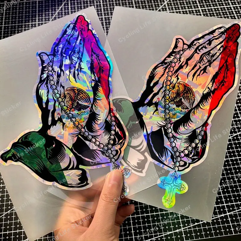 1PC Mexican Praying Hands laser effect sticker, waterproof and scratch-resistant, suitable for cars, motorcycles, glass, metal surfaces, DIY interlocking hands decorative sticker, spiritual sticker, car decal, Automotive Decoration