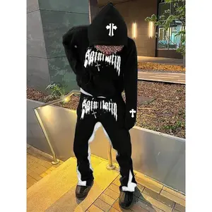 Gothic Cross Pattern Two-Piece Set, Street Style Hoodie and Pants, Outdoor/home Casual Wear, Unisex Fashion
