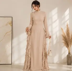 Women's Elegant Maxi Dress with Flare Sleeves, High Waist A-Line Long Dress, Cascade Ruffle Trim Formal Evening Gown, Modest Party Dress