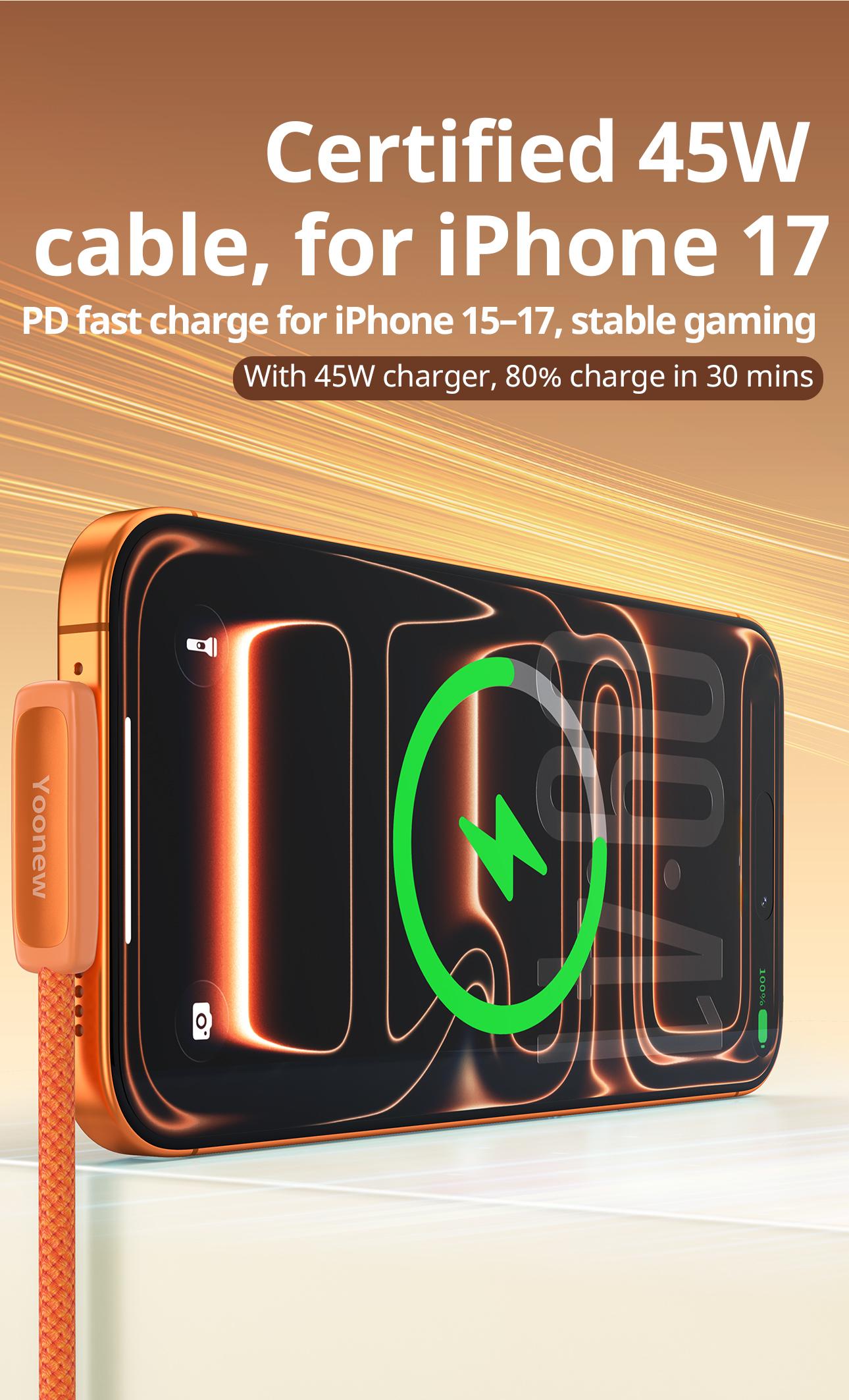 6.6 ft gaming charging cable, compatible with Apple 17/16/15 series phones; suitable for gaming, watching shows/series, car use, and travel; 45W ultra-fast charging, convenient charger; portable iPhone charger; also compatible with Samsung and Huawei phon