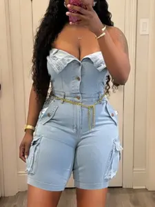 American Vintage Crop Top Denim Overall, Multi-Pocket Workwear Design, Waist Cinching Slim Fit, Sexy Girl Style, One-Piece