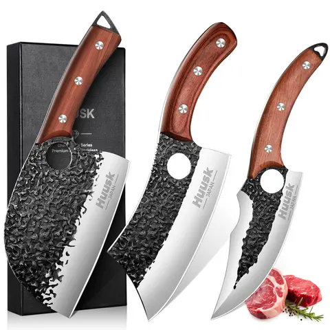 Huusk 3PCS Rustproof Hand-Forged Full Tang High Carbon Butcher Knife Set - Ergonomic Wood Grain Handle Modern Kitchenware, Chef Knives for Home Meat Cutting, Ideal Kitchen Gift