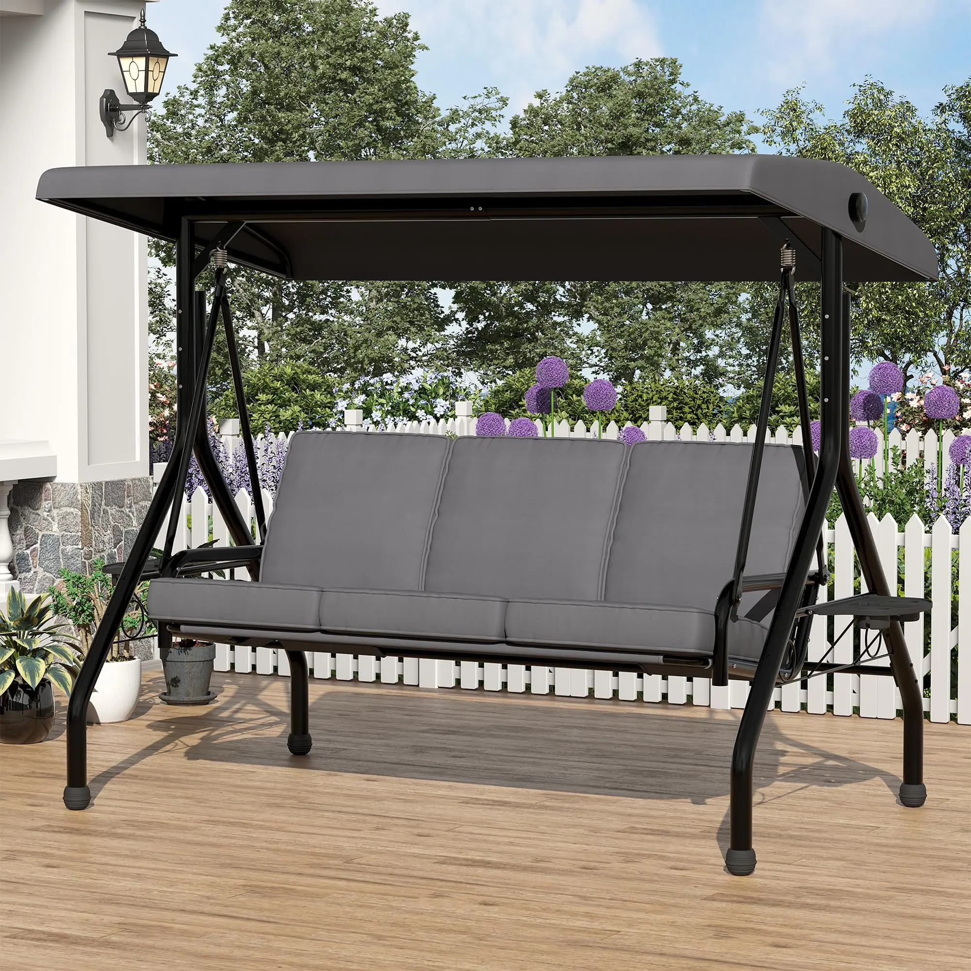 3-Seater Outdoor Swing Chair with Adjustable Backrest and Canopy, Removable Thick Cushions, Cup Holders, Weather-Resistant Steel Frame, Patio Sofa Bench for Garden Terrace Balcony, Brown