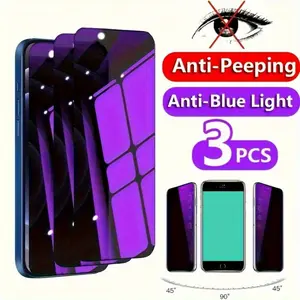 3 Pack Tempered Glass Screen Protector Compatible with iPhone 16 15 14 13 12 11 Pro Max ProMax Plus 11/12/13/14/15 Pro Max, Protect Eyes with Purple Light Filter and Privacy Glass