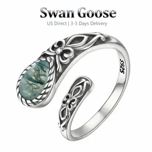 S925 Sterling Silver Natural Moss Agate Rings Adjustable Thumb Ring Vintage Spoon Rings Labradorite Rings Gift For Mom Wife Sister Her
