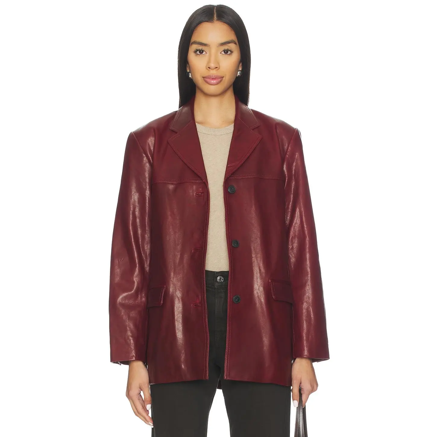 EAVES Aroa Leather Blazer Jacket in Beet Red