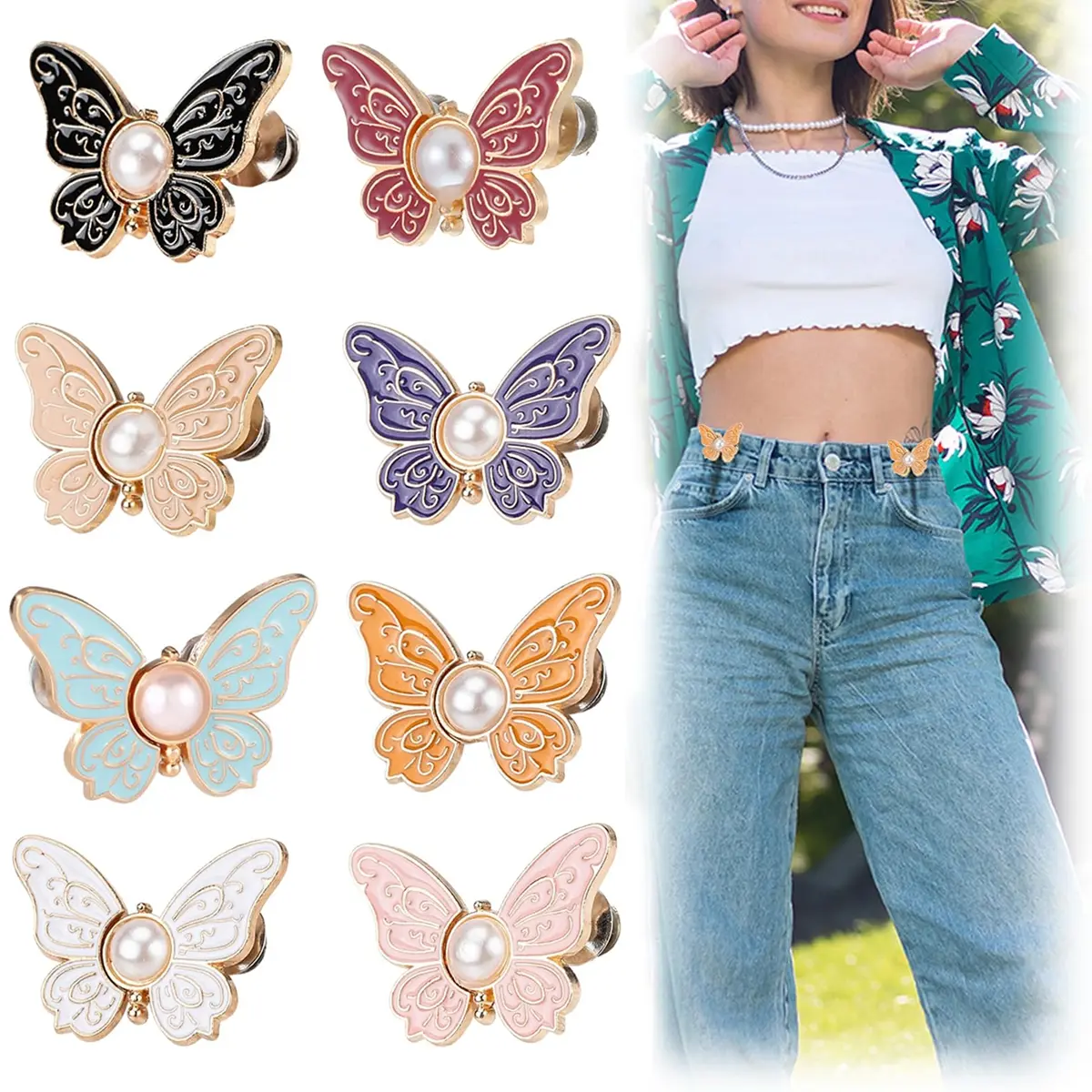 8-Piece Butterfly Waist Buckle Set, Removable Durable Elastic Fasteners for Pants, Sleeves and Cuffs, Multi-Functional Seamless Design Waist Tightening Tool, Butterfly Waist Clips, Adjustable Decorative Accessories, Pearl Embellishment, Adjustable Sizing