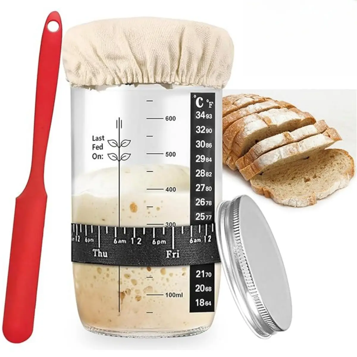 Sourdough Starter Jar, Sourdough Starter Kit with Date Marked Feeding Band, Thermometer, Cloth Cover & Metal Lid, Reusable Sourdough Bread Baking Supplies, Home Baking Supplies, Father's Day Gift