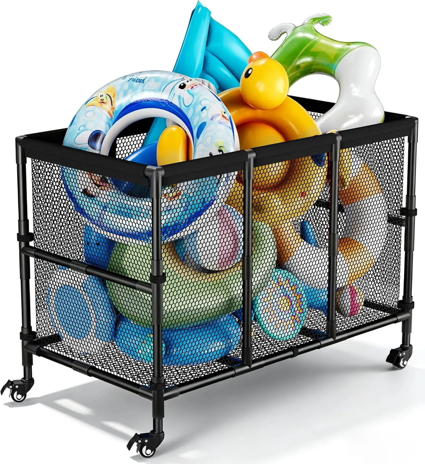 180 Gal Rolling Pool Float Storage Bin - Outdoor Home Organizer Cart for Pool Noodles, Life Vests, Beach Essentials, Black