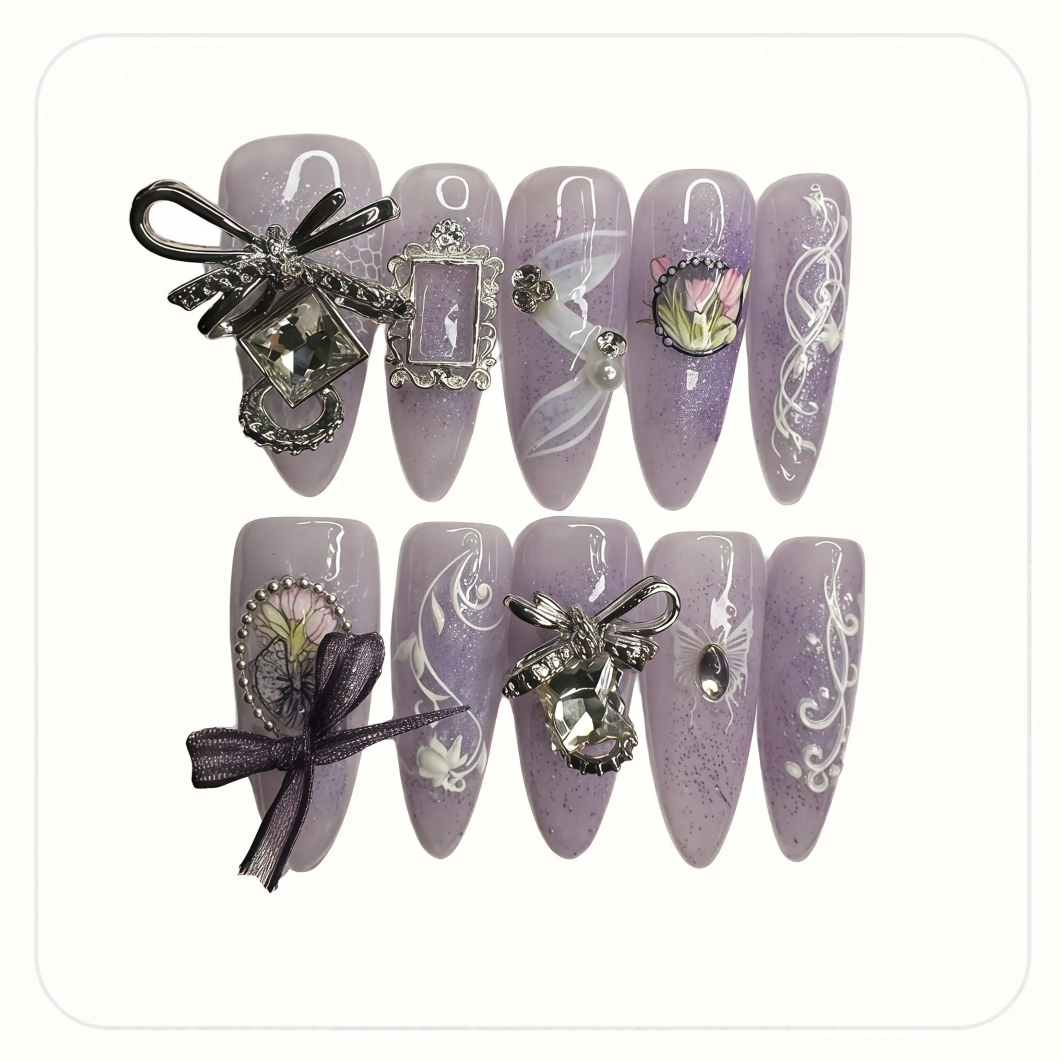 J25 Amethyst Tulip Press-on Nails, Soft Gel Almond Shape with Gradient Streamer & Rhinestone Accents, Glue-Included Nail Art Kit, Rhinestone Acc., Acrylic Soft Gel, Fashion, Lightweight, Acrylic Press Nail, Diverse Occasions
