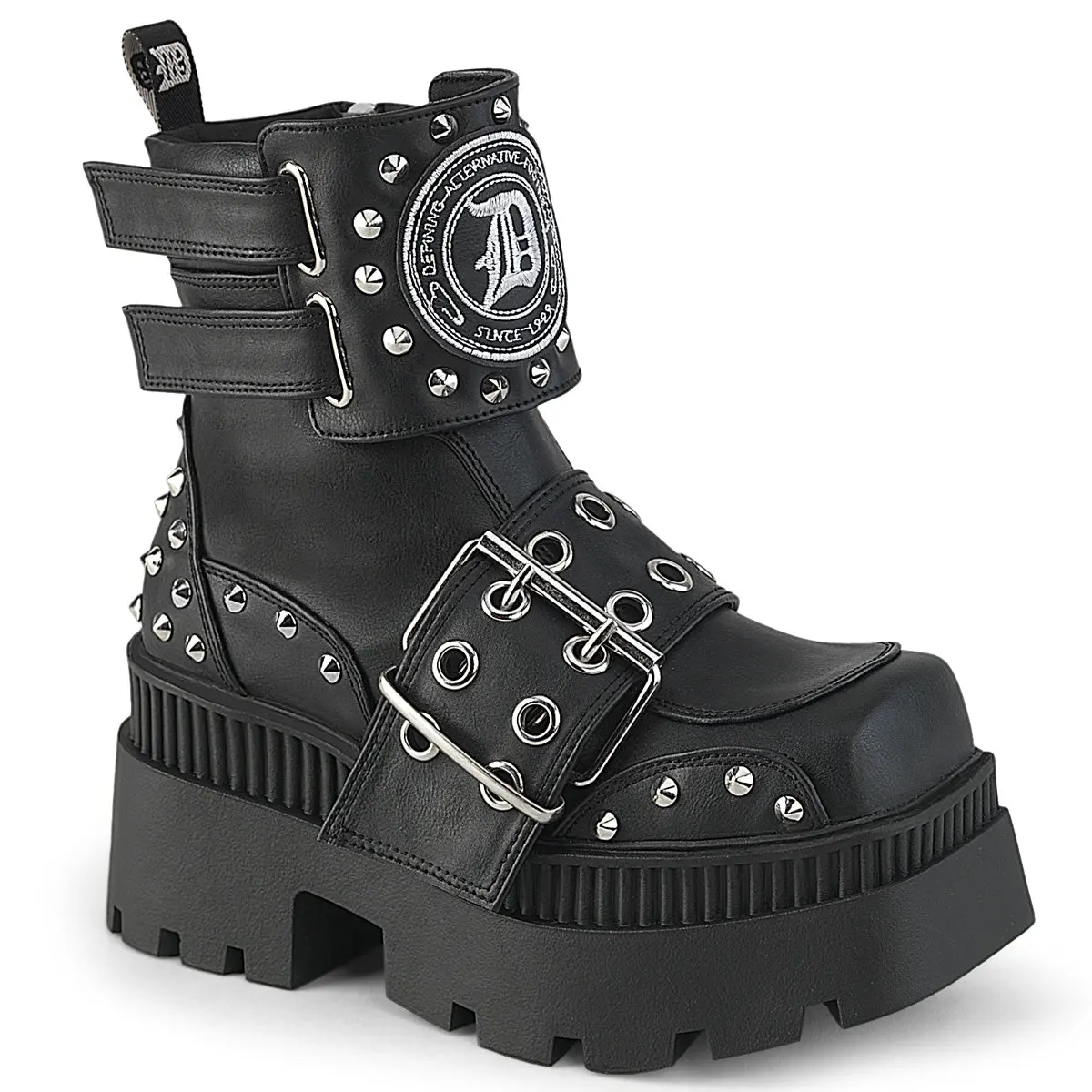 Demonia Wrath-58 Black Vegan Leather Square-Toe Platform Ankle Boot for Women