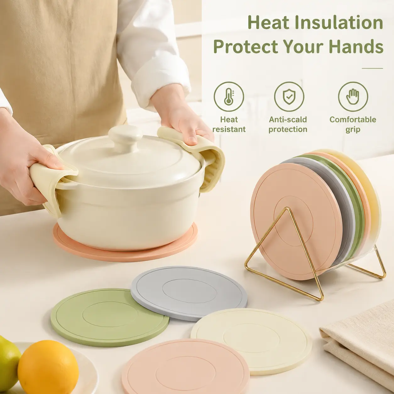 1-Piece Silicone Trivet Mat - Round Heat Resistant Placemat, Non Slip/Bendable Anti-Slip Silicone Placemats & Coasters for Kitchen Counter, Dining Table Hot Cookware Placement, Silicone Trivets, Circular