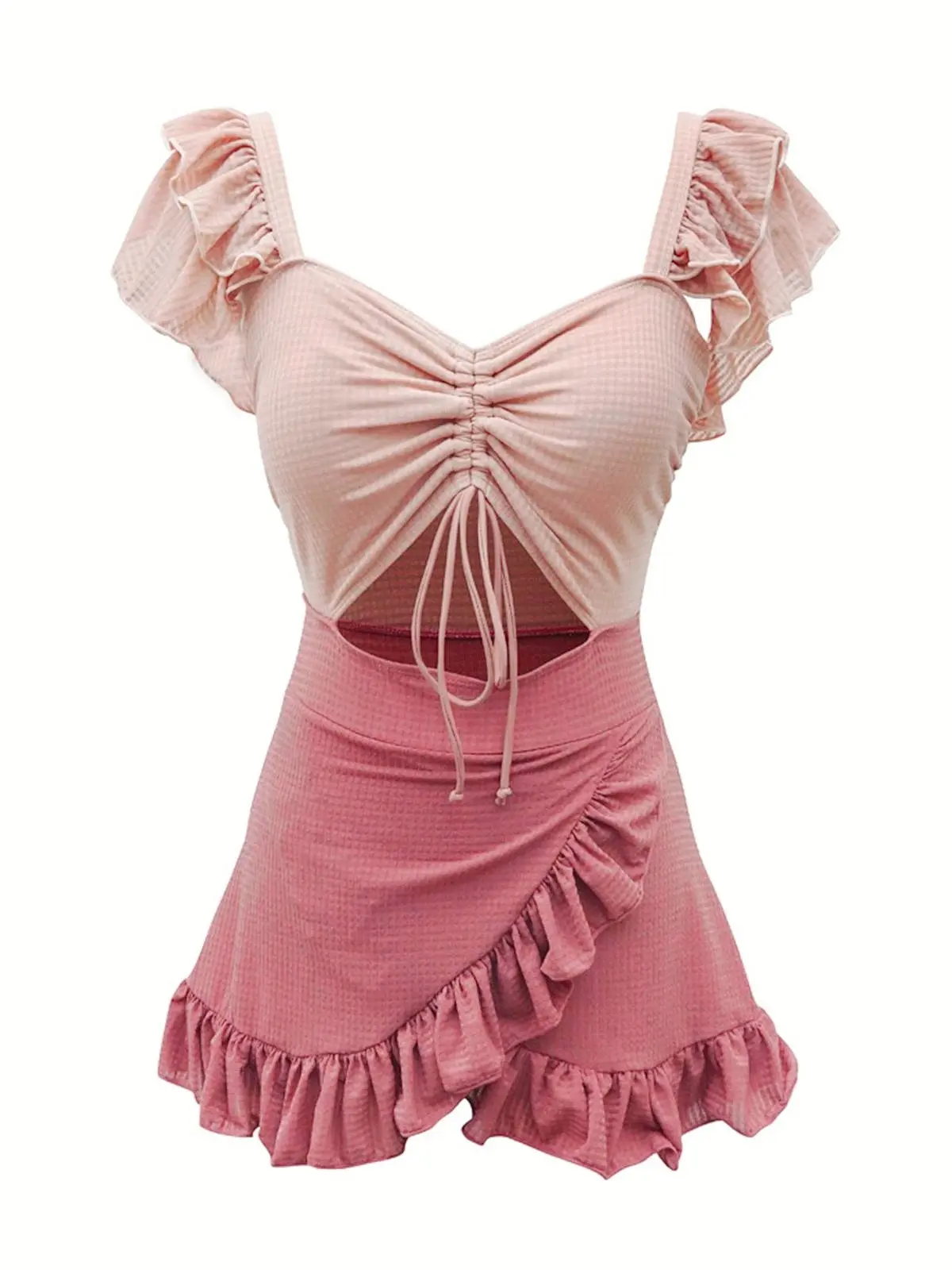 Pink Retro 1940s Ruffled Keyhole Swimsuit Elegant High Waist Swimwear Drawstring Bathing Suit, Women's Swimsuits, Swimsuit For Womenvacation swimwear for women cute summer outfits Tie Back Swimdress