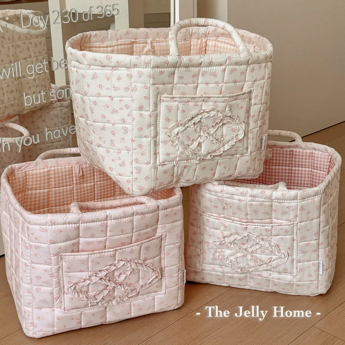 TJHome Clothing storage basket, open-top fabric storage basket, rose small floral print patchwork design, ruffled edges, heart-shaped front pocket, plaid lining, reinforced handles, foldable, washable, suitable for clothing storage