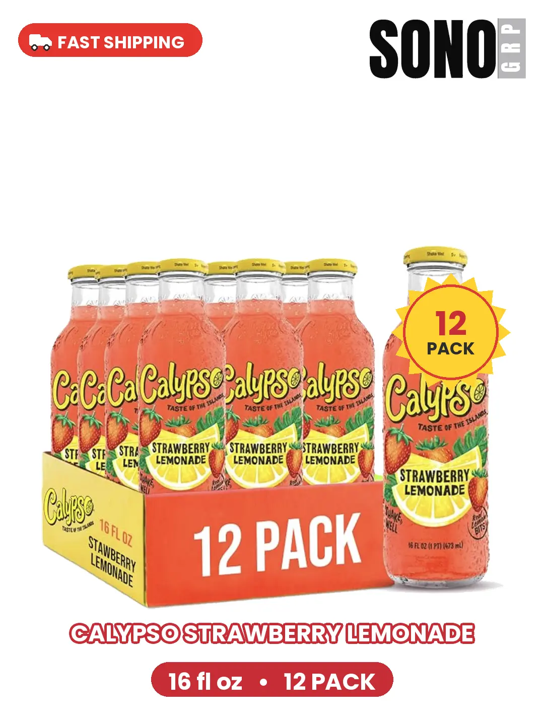 Calypso Strawberry Lemonade, Made with Real Fruit, 16 Fl Oz Glass Bottles (Pack of 12)