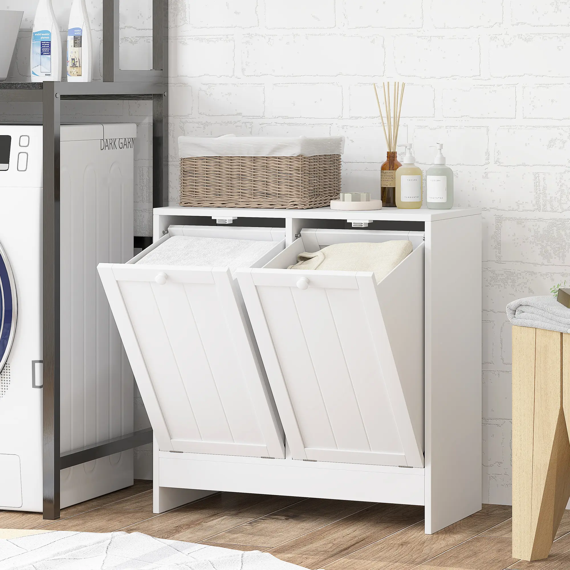 kleankin Double Tilt Out Laundry Hamper Cabinet with Storage, 19 Gallon Hidden Trash Can Cabinet with 2 Doors for Bathroom, Kitchen, White