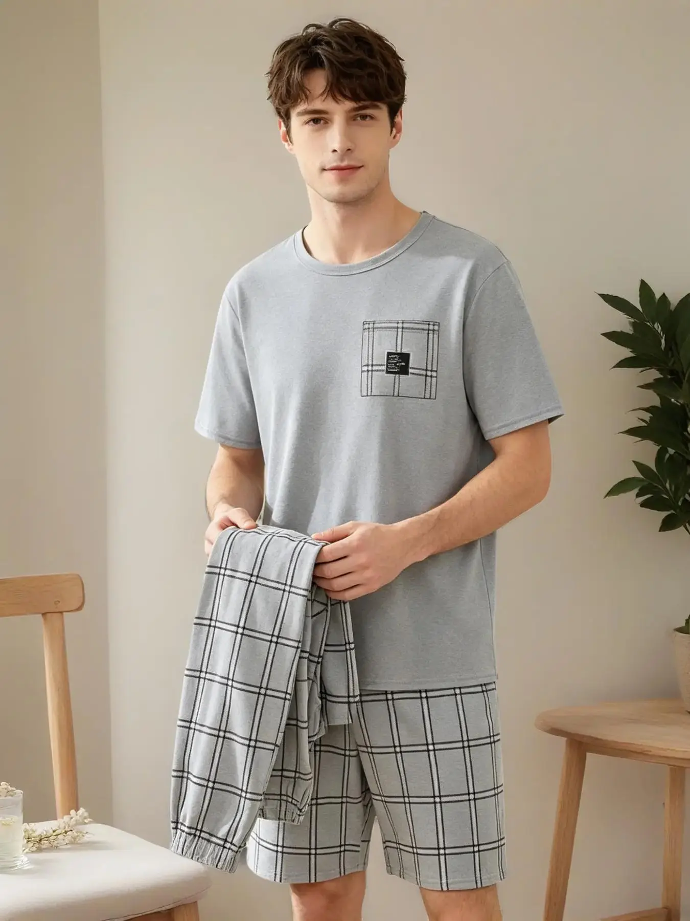 Men's Lightweight Classic Pajama Sleepwear Set, Round Neck Plaid Checked Print Short Sleeve Top and Shorts Pants, Summer Casual Comfy Pyjama Sets Homewear Home Wear Loungewear Three-Piece Suit Pjs Menswear
