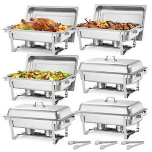 【Summervibes】VEVOR Rectangle Chafing Dish, 9 Qt 6 Pack Stainless Steel Chafing Dish, Food Warmer Chafer Complete Set with Hollow Handle, 3 Food Tongs, Lid, Holder, Chafer Dishes for Banquet Party Wedding