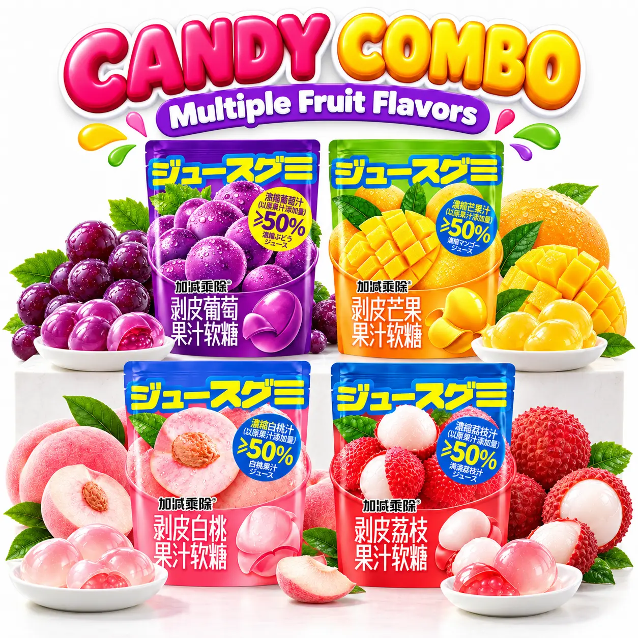 Peelable Fruit Juice Gummy Candy Combo, Lychee, Mango, White Peach, Purple & Green Grape, Juicy Peel Gummy, Asian Snack, Fruit Soft Candy, Gift Pack - 50% More Juice - Grape Mango Peach Strawberry Lime - Delicious Fruit Gummies