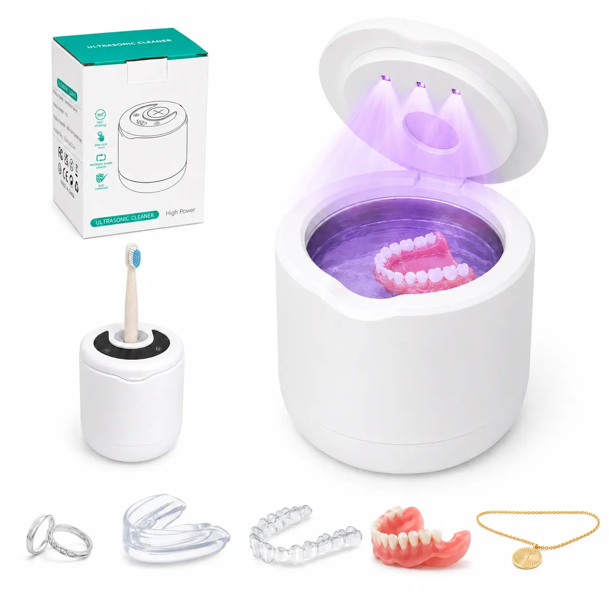 Portable Ultrasonic Denture Cleaner Machine, 200ML Compact Size, 5 Timer Modes , Insert-to-Clean Lid, for Dentures, Retainers, Aligners,  Dental Appliances,Jewelry, toothbrush